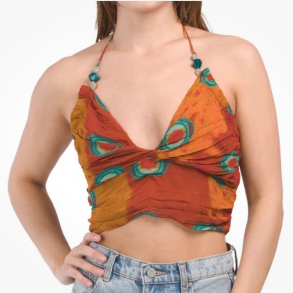 New Zara Beaded Tie Back Printed Halter Crop Top Size Medium